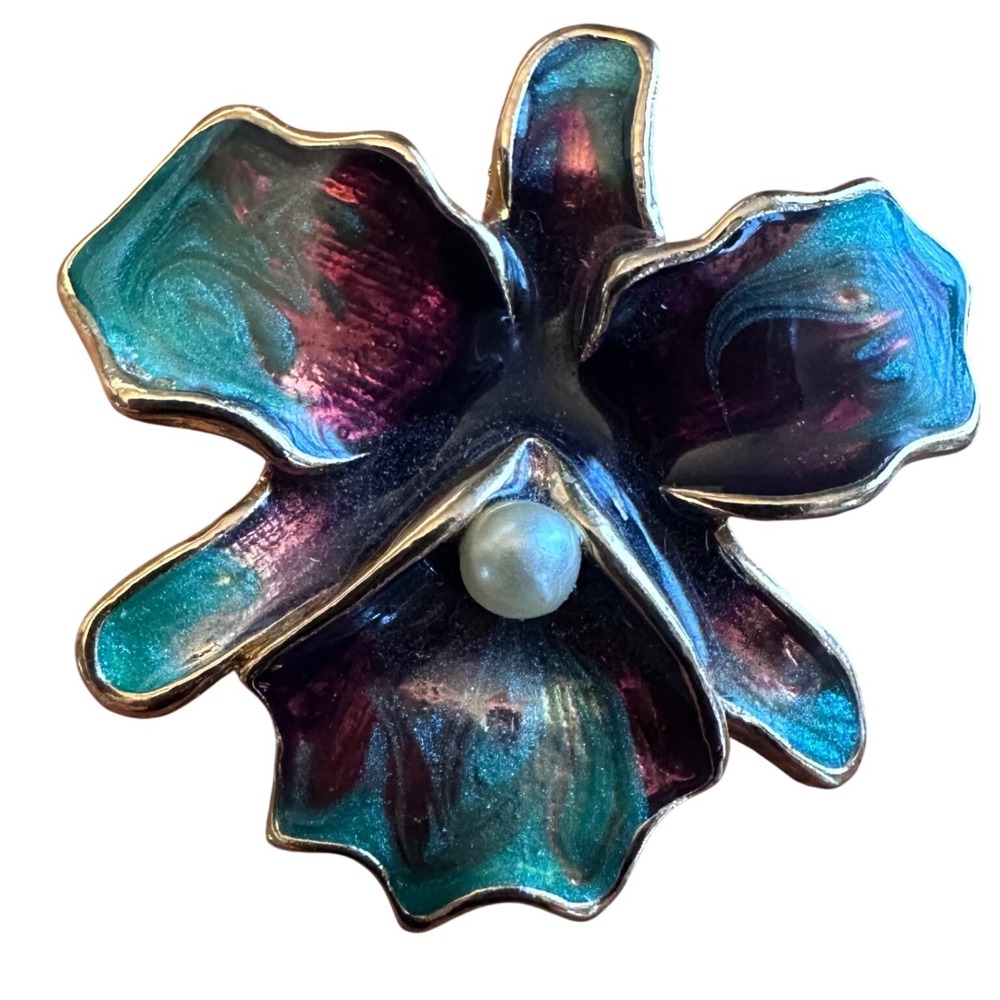 Giovanni Orchid Flower Brooch Purple Teal Iridescent Enamel Pearl Pin